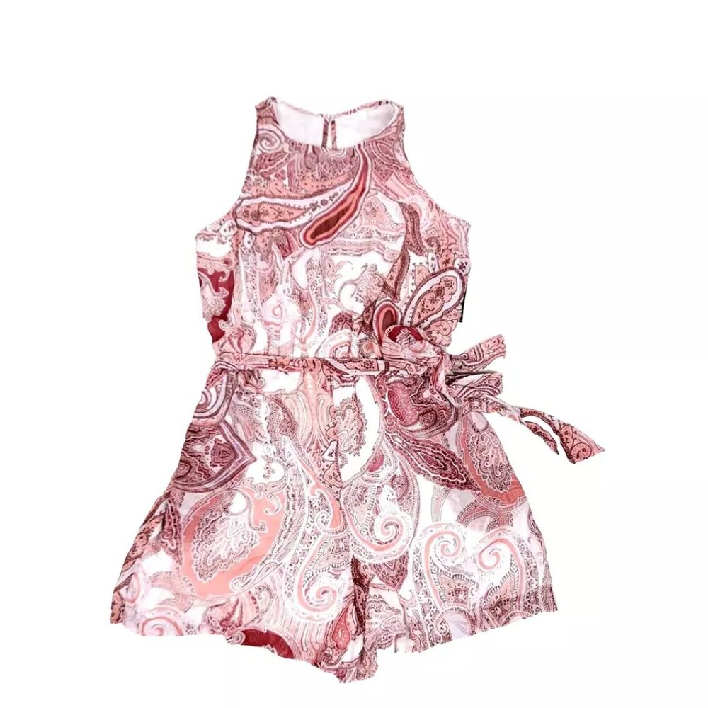 New York & Company Womens Romper Small Pink White Paisley Chiffon Lined POCKETS